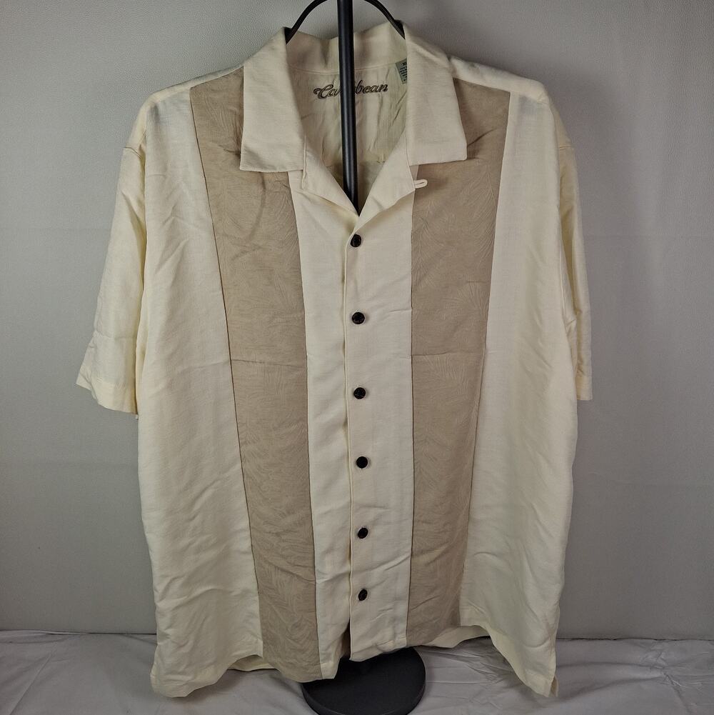 Caribbean Men's Cream Beige Panel Tropical Camp Button Up Shirt Size XL
